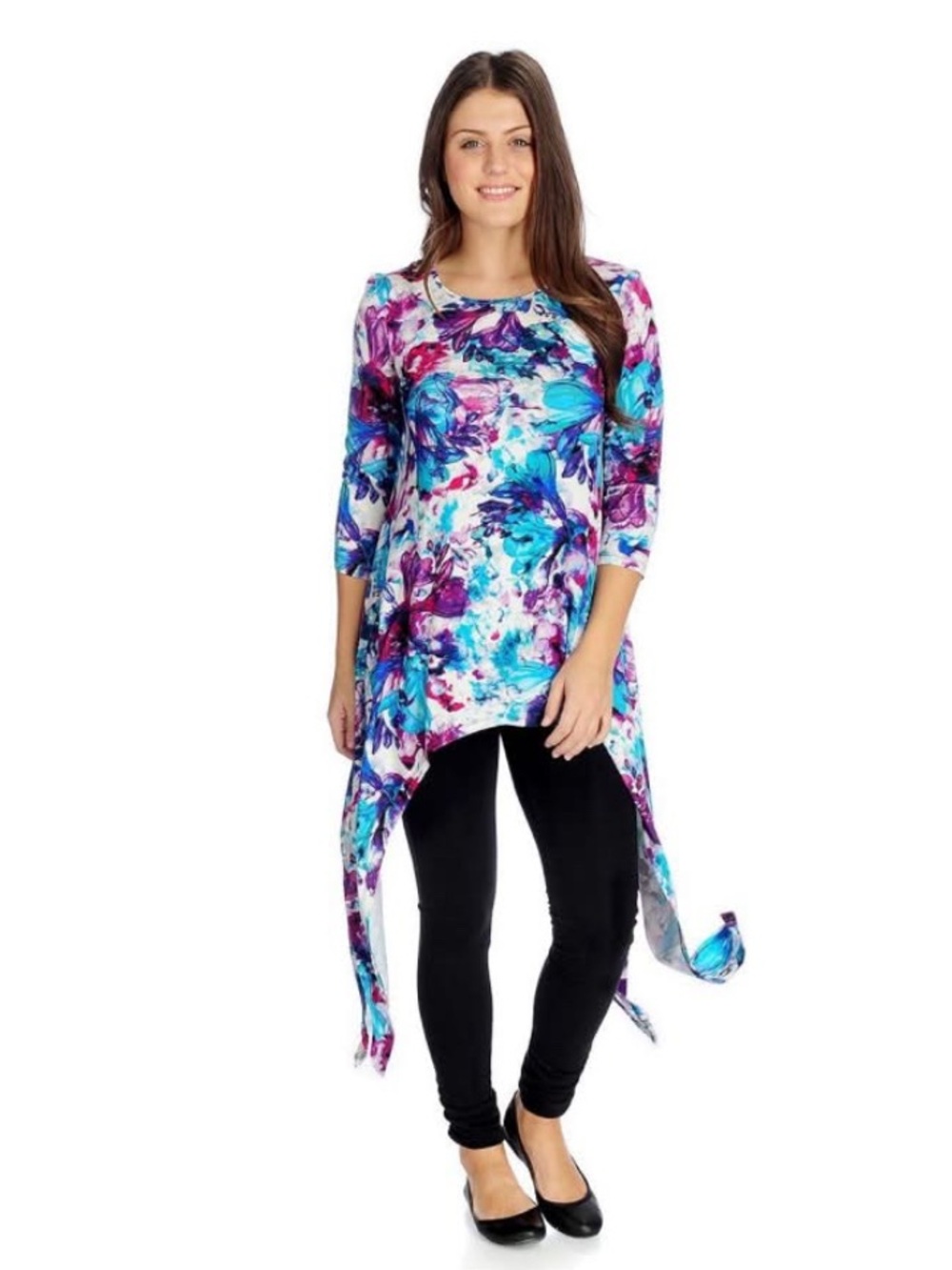 Floral Asymmetrical Vivid Watercolor Tunic Top
